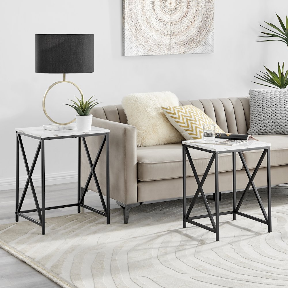 Modern Square Veneer Black Metal Frame Nesting End Tables White Marble Set of 2. Picture 5