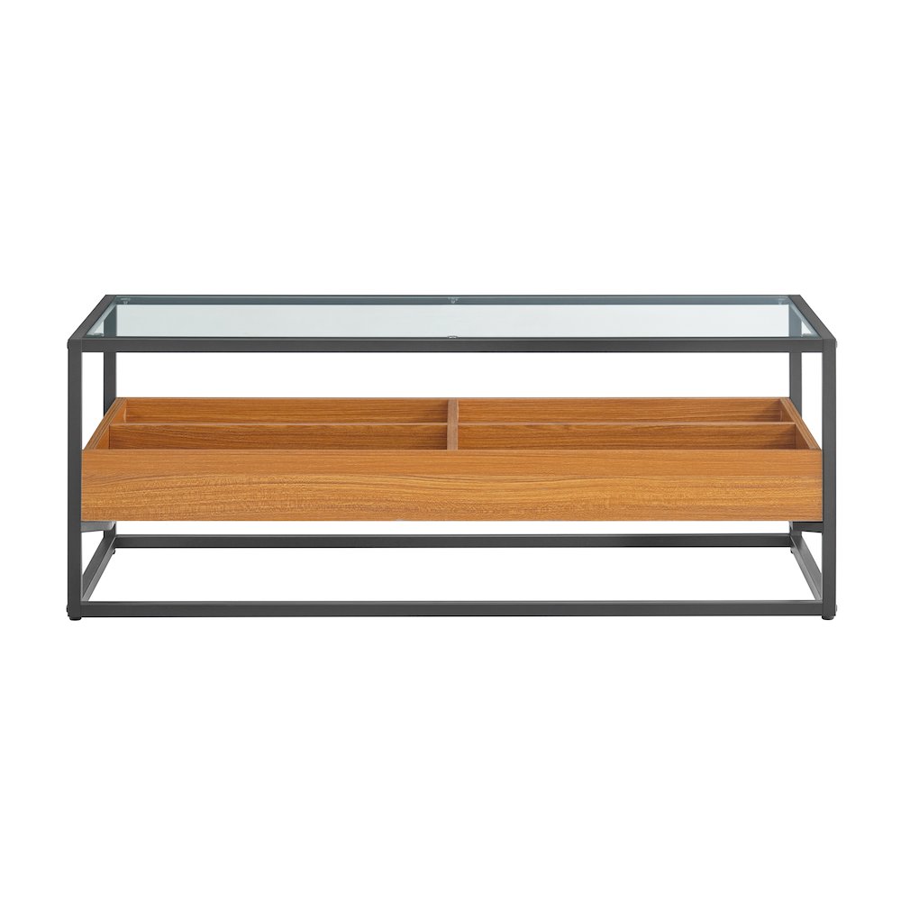 Saarinen 2-Level Glass Display Shelf Rectangle Low Coffee Table - Golden Oak. Picture 1