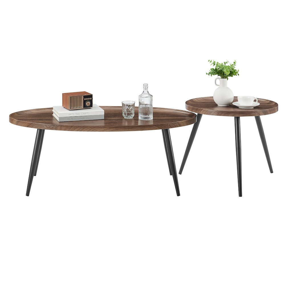 Paxton Nesting Raised Lip 2 Piece Coffee Table Set - Round and Oval - Walnut. Picture 10