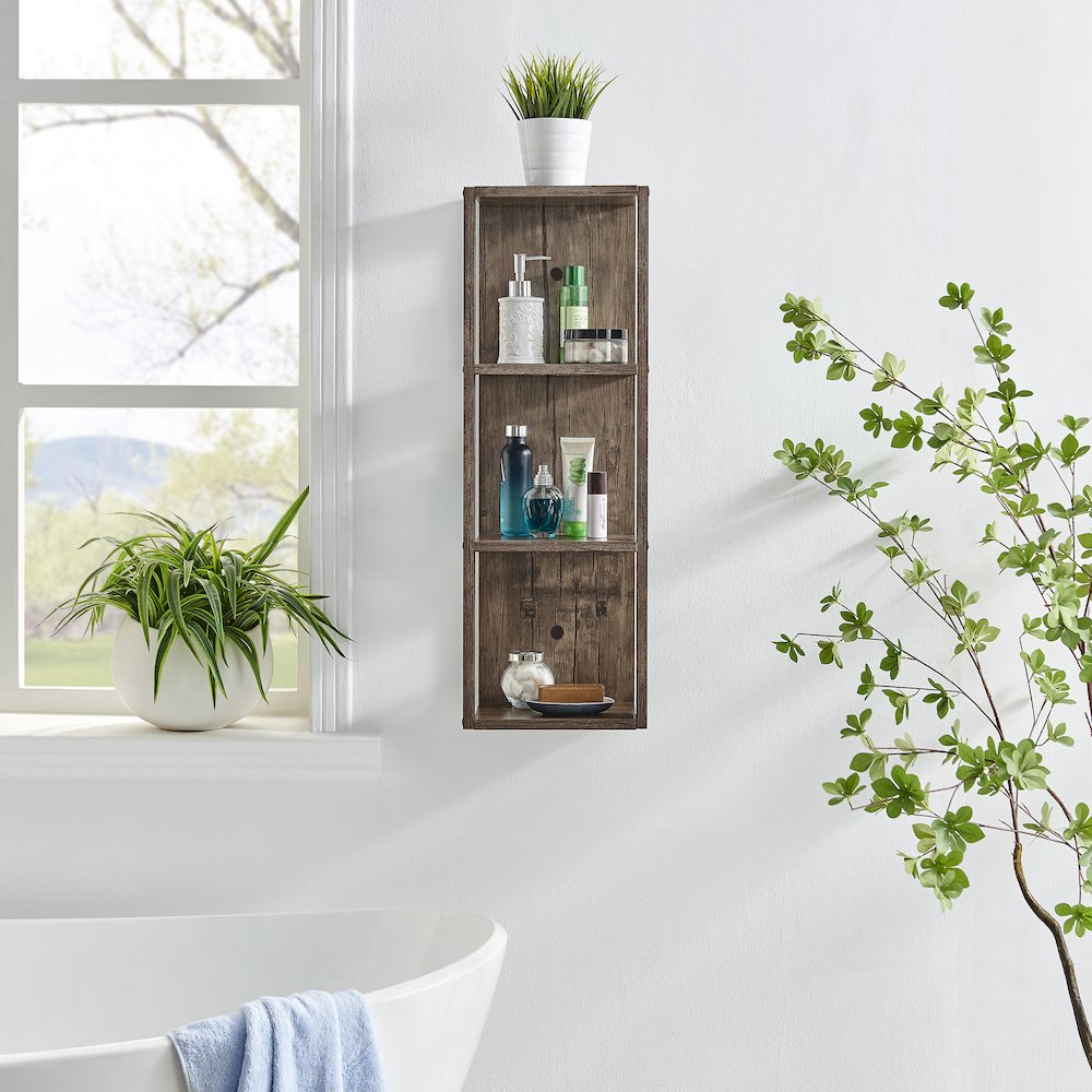 Recife Vertical Three-Tier Modern Shadow Box Cube Display Wall Shelf - Hickory. Picture 4