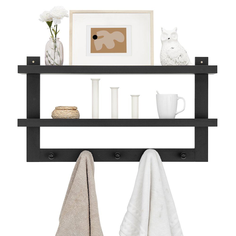 2-Tier Ledge Wall Shelf Organizer with 5 Hanging Coat or Towel Hooks - Black. Picture 10