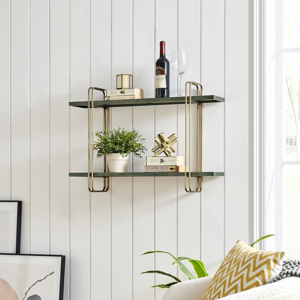 Two-Tier Warm Gold Washed Oak Brown Metal Bracket Wall Mounted Shelf. Picture 3