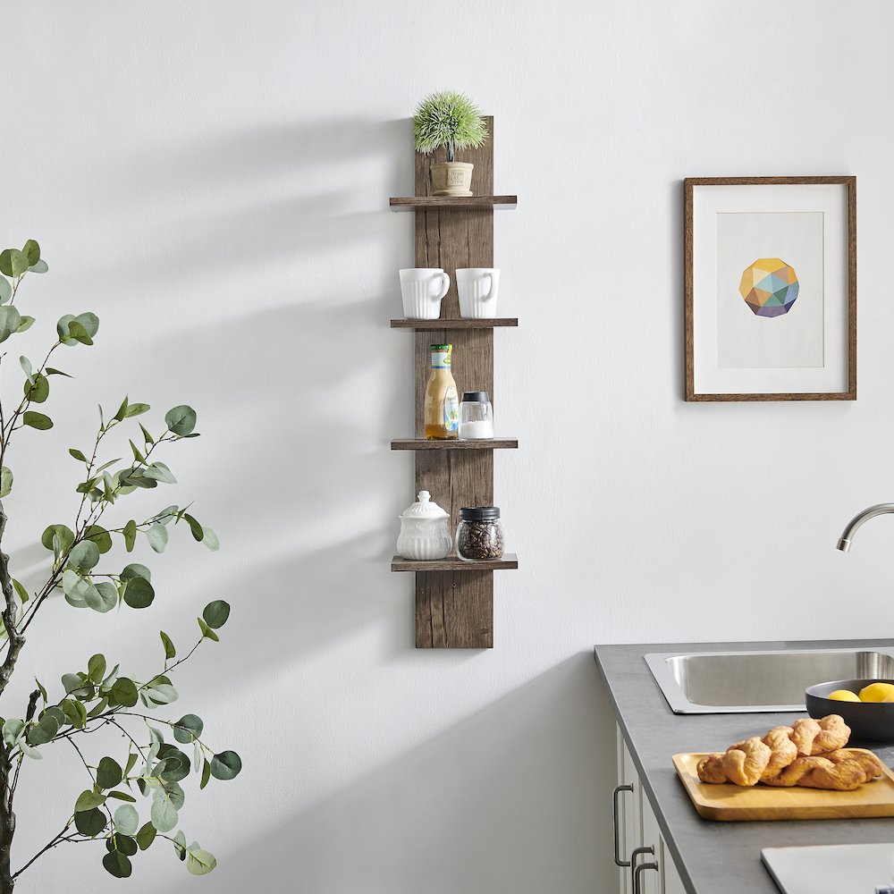 Arica Utility Column 4-Tier Spine Wall Shelves - Hickory. Picture 5