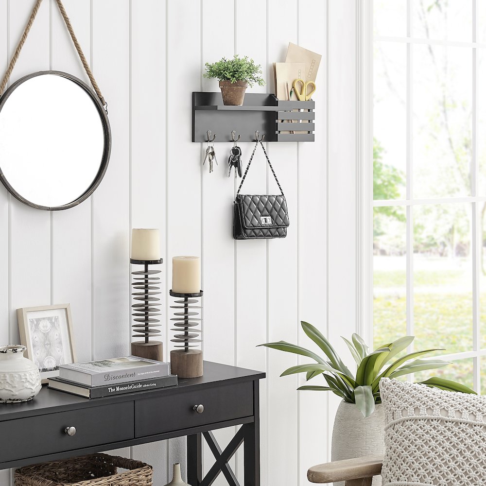 Utility Shelf with Pocket and Hanging Hooks - Black. Picture 5