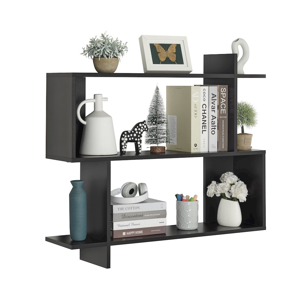 Manasa Floating Geometric Kilter Two-Tier Wall Shelf - Black. Picture 8
