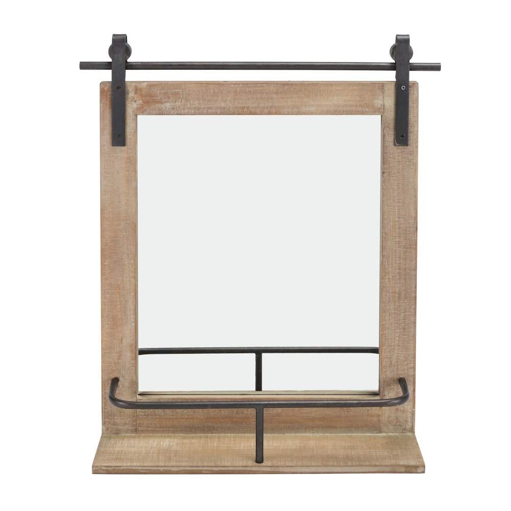 Rustic Wood-Framed Wall Mount Barn Door Vanity Mirror with Shelf. Picture 1