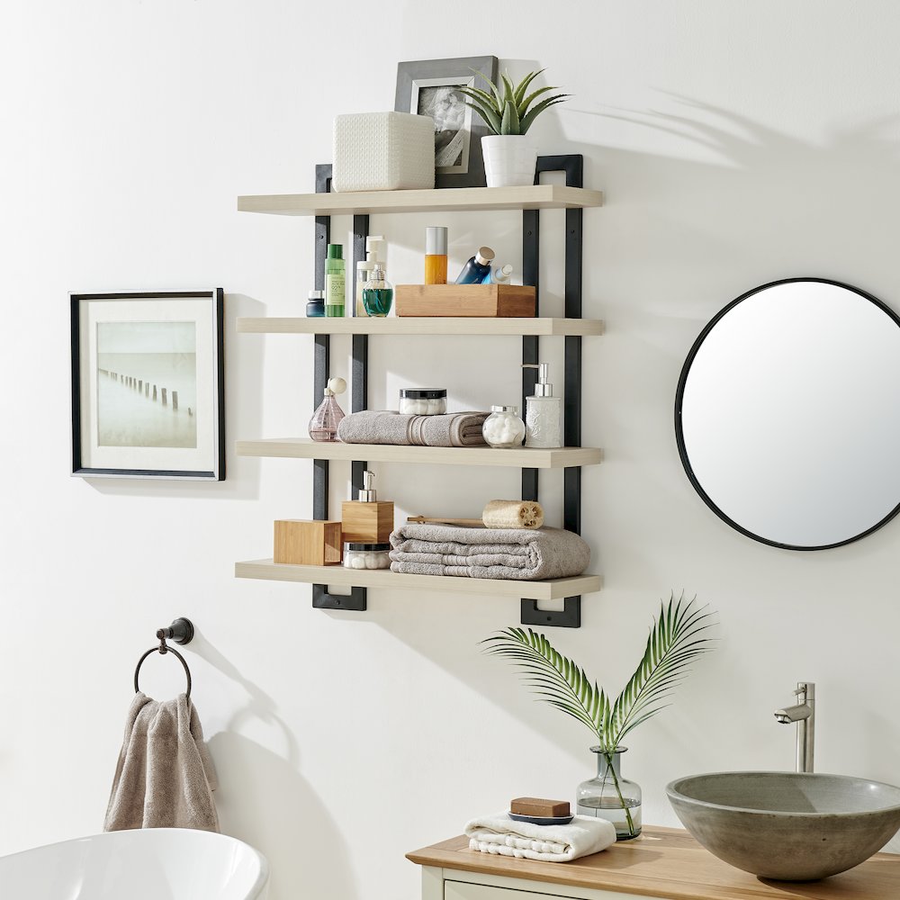 4-Tier Floating Bracket Wall Shelf - Black Metal and White Birch Finish. Picture 7