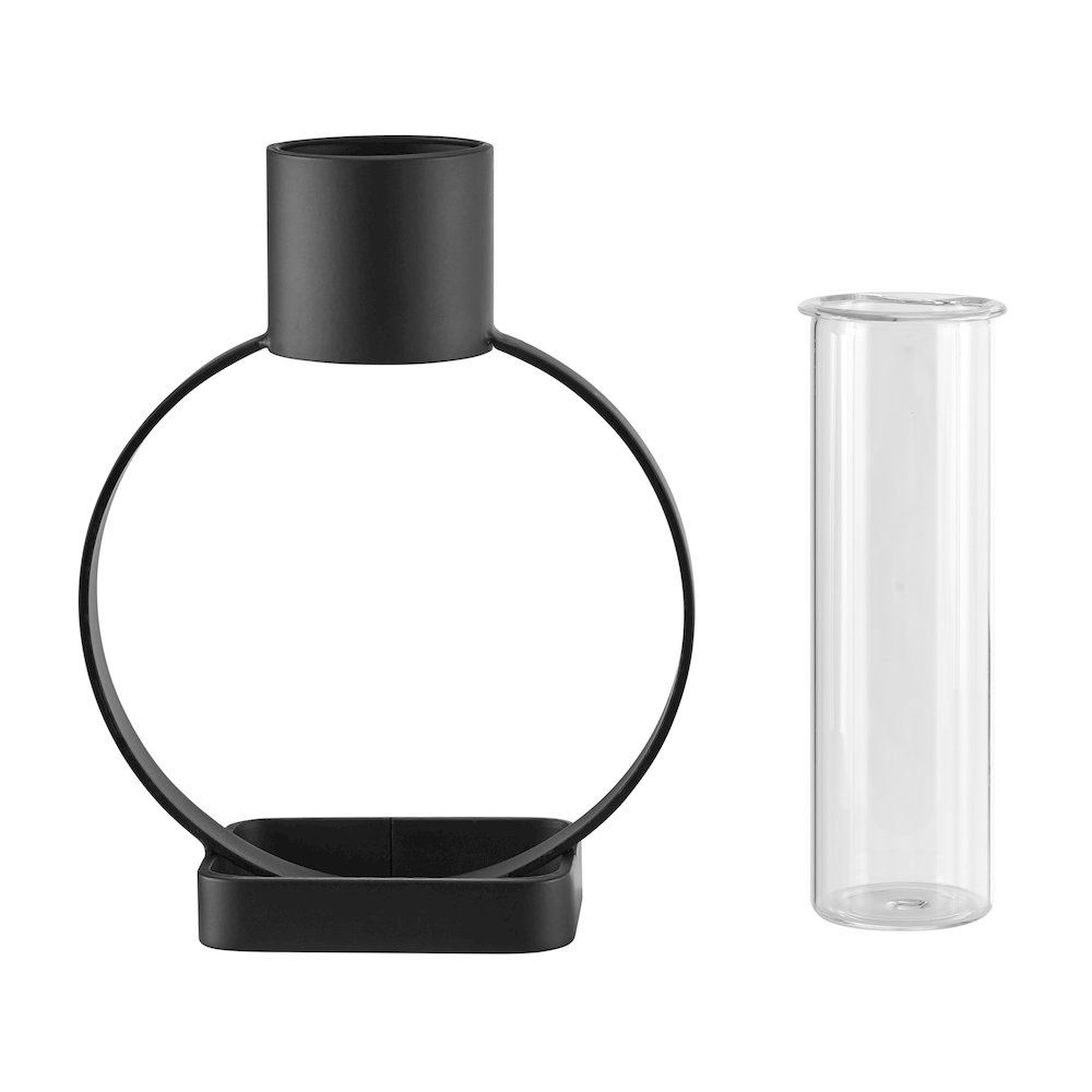 Jacob Modern Black Metal Open Circle Pedestal Clear Glass Tabletop Vase. Picture 8