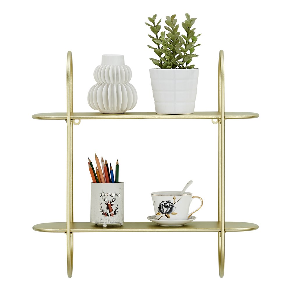 Two-Tier Warm Gold Metal Hanging Bracket Wall Mounted Shelf. Picture 7
