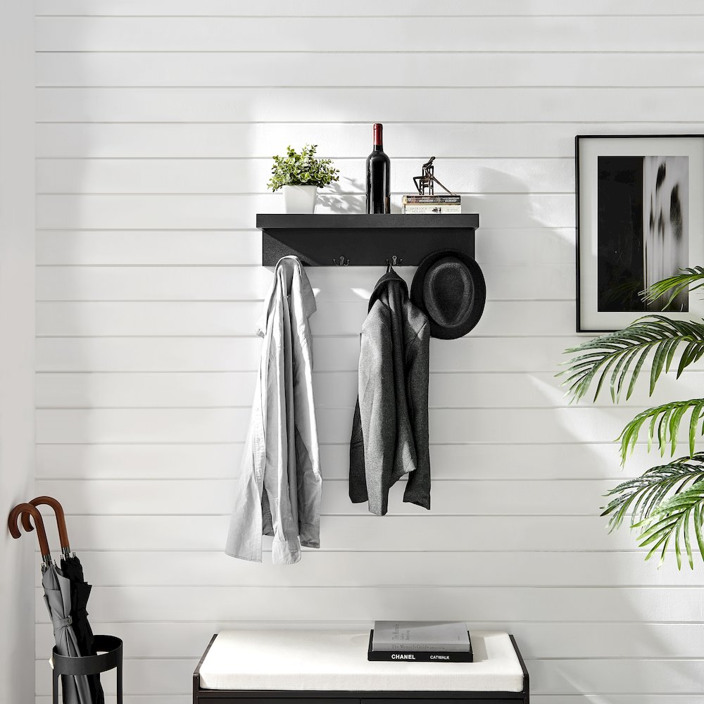 Wall Mounted Entryway Coat Rack with Decorative Ledge Shelf and Hooks - Black. Picture 2