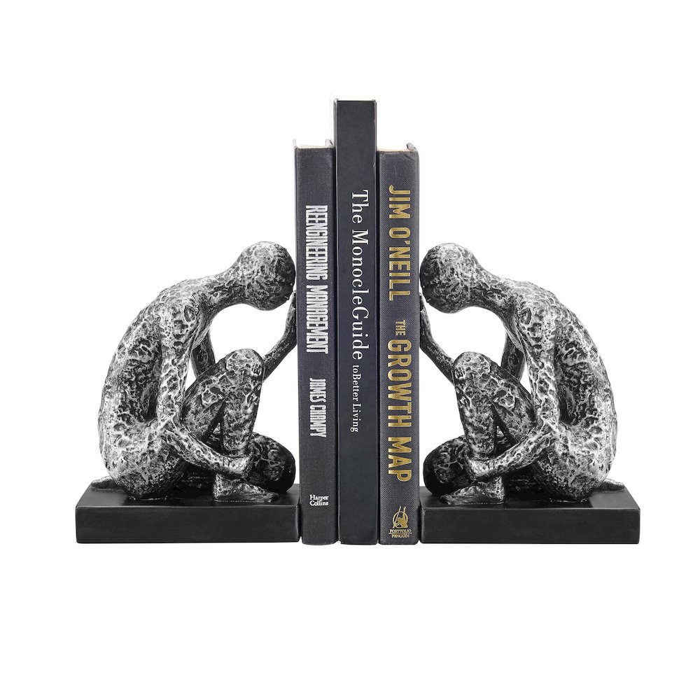 Kneeling Figure Sculptures Polyresin Silver and Black Bookend Set of 2. Picture 1