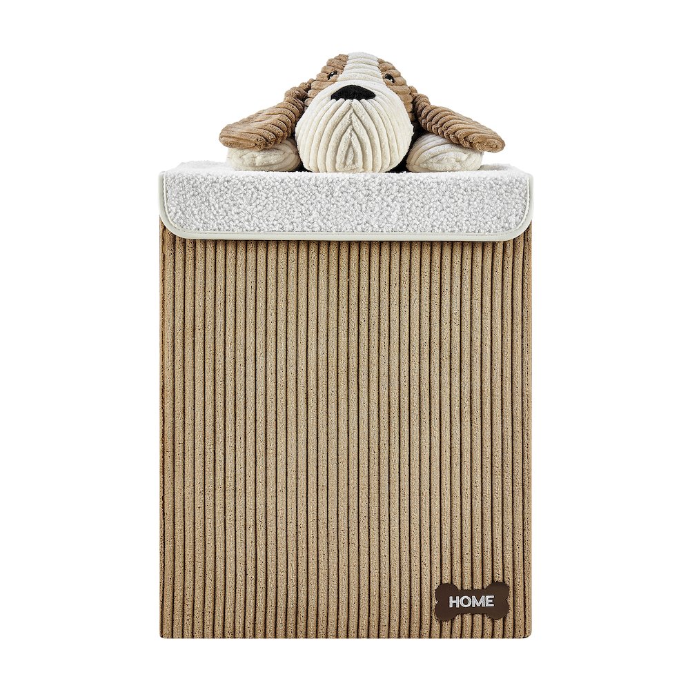 Collapsible Folding Corduroy Kids Plush Laundry Hamper Storage Brown/White Dog. Picture 1