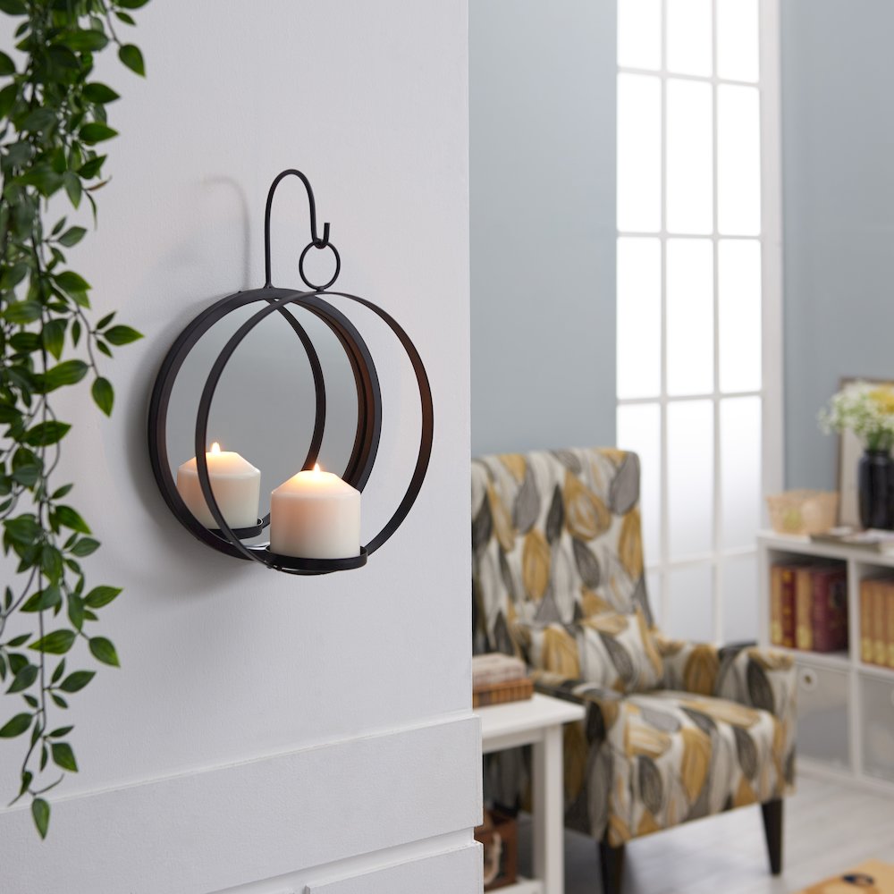 Round Wrought Iron Pillar Candle Sconce with Mirror – Wall Candleholder. Picture 3