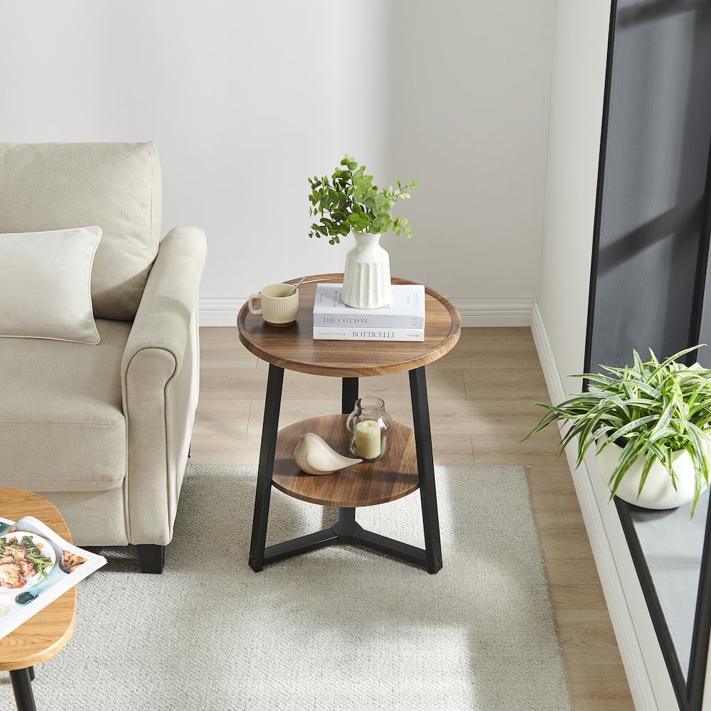 Mason Round 2-Tier Side Accent Table Raised Lip Edge Tabletop - Walnut/Black. Picture 6