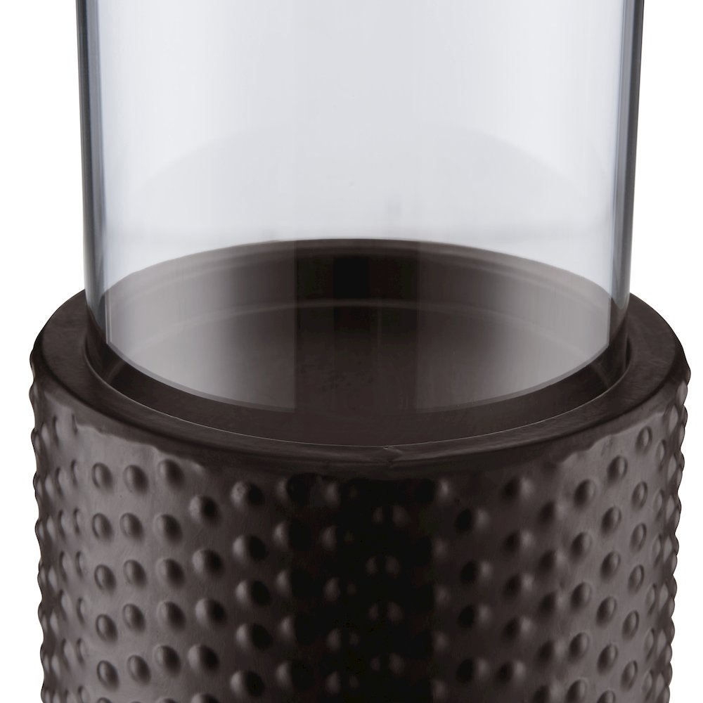 Candle Holder Set (3) With Clear Glass Hurricanes And Textured Metal Base. Picture 6
