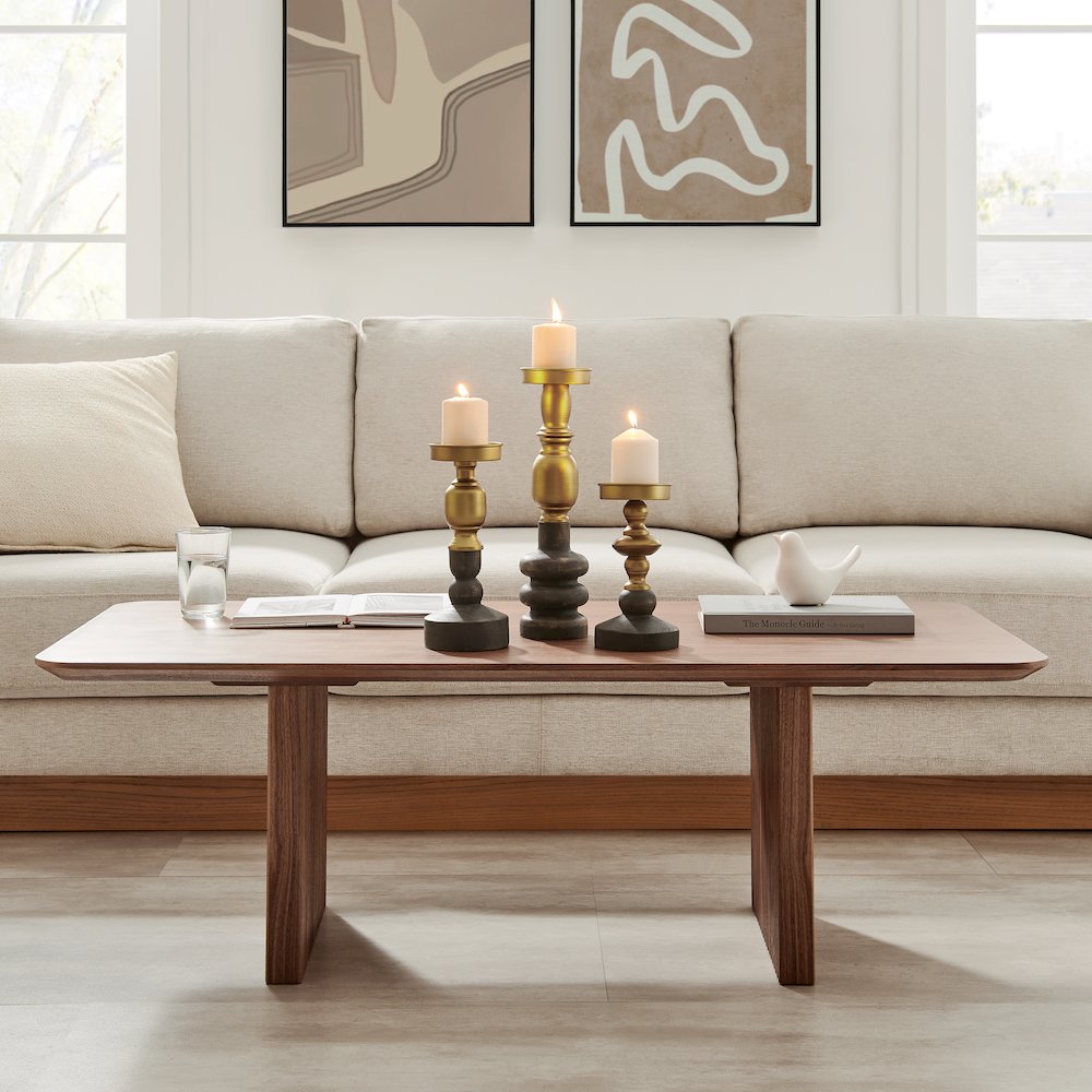 Nara Brass Wood Taper Candlestick Pillar Candle Holders - Set of 3. Picture 5