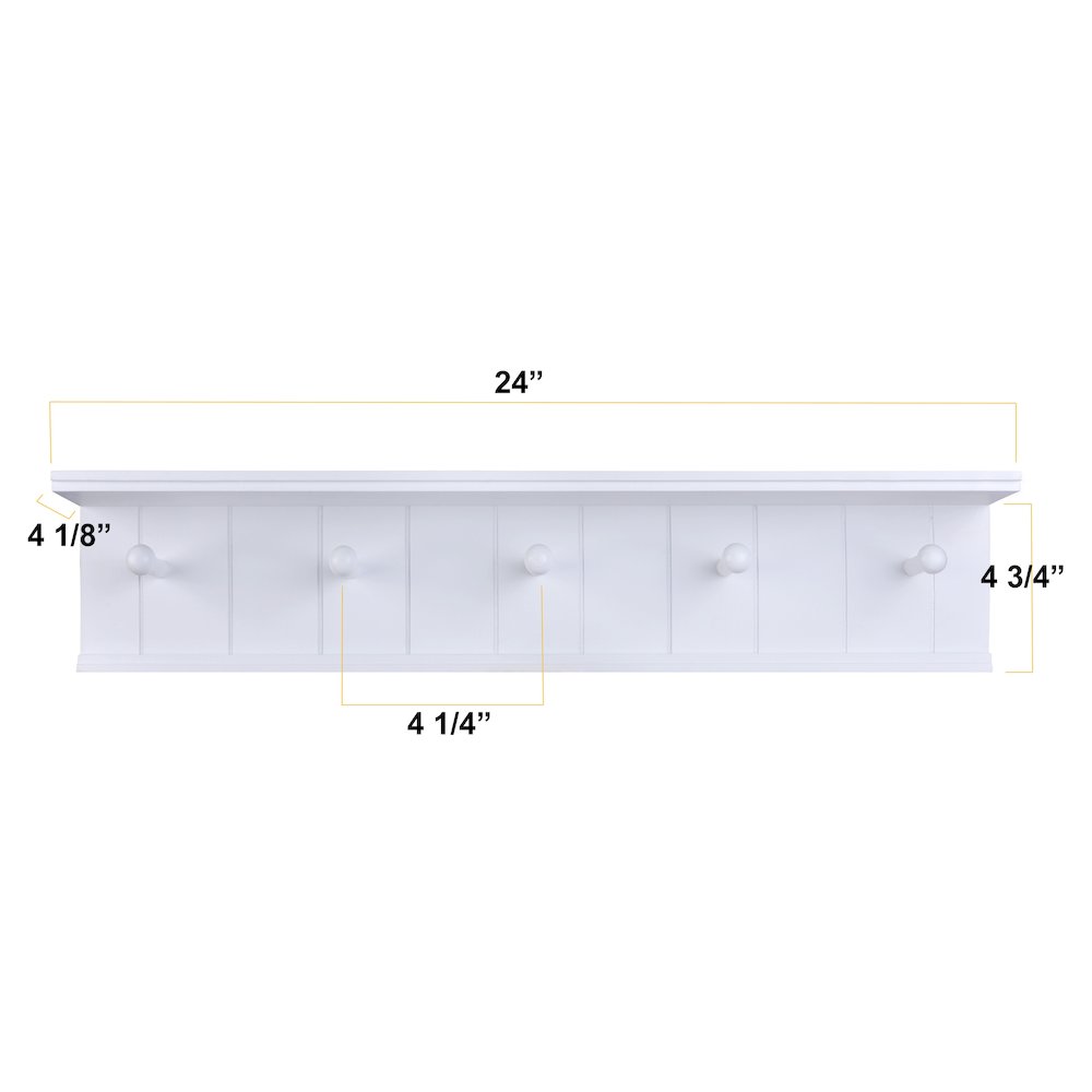 24" Wall Mount Coat Rack with 5 Hanger Hooks and Display Shelf - White. Picture 7
