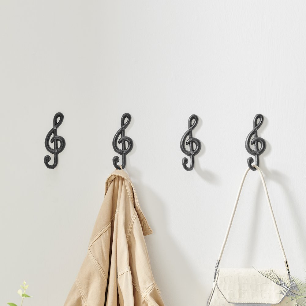 4 Piece Dark Brown Iron Musical Note Treble Clef Wall Sculpture Utility Hooks. Picture 2