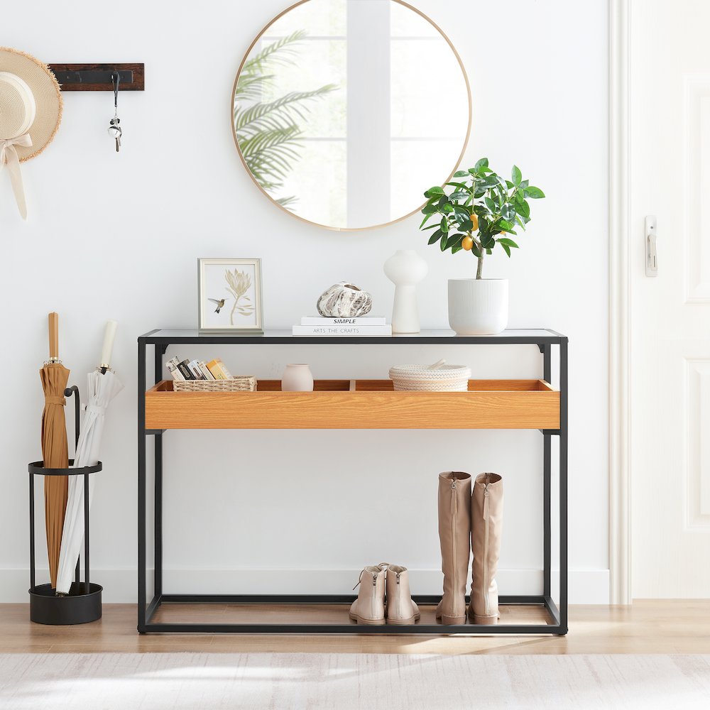 Saarinen 2-Level Sunken Glass Display Shelf Rectangle Console Table - Golden Oak. Picture 2