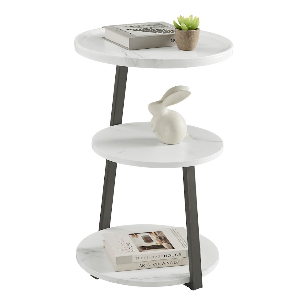 Skylar Round 3-Tier Side Accent Table with Raised Lip Edge - White Marble/Black. Picture 12