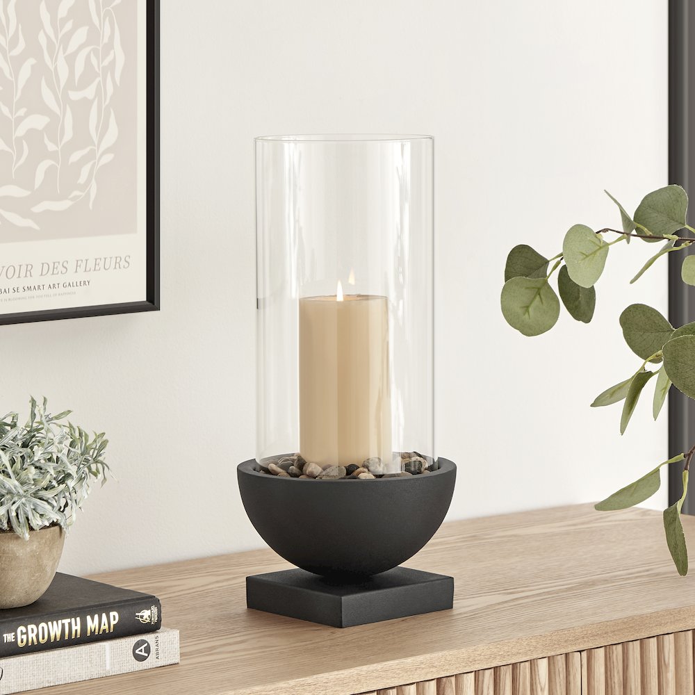 Black Metal Pedestal and Glass Pillar Hurricane Candle Holder - Large. Picture 4