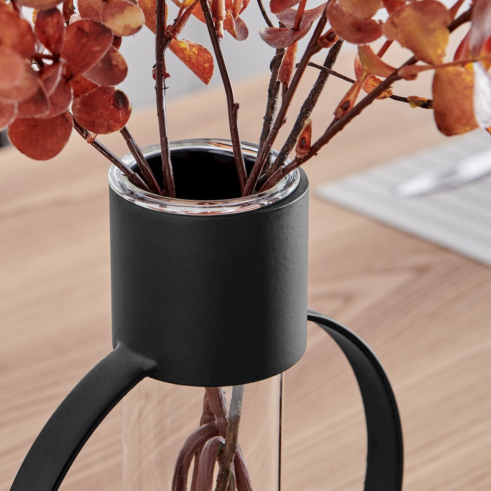Jacob Modern Black Metal Open Circle Pedestal Clear Glass Tabletop Vase. Picture 6