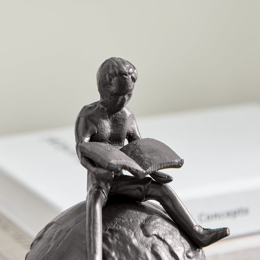 Brown Cast Iron Boy Reading on Globe Sculpture or Decorative Paperweight. Picture 5