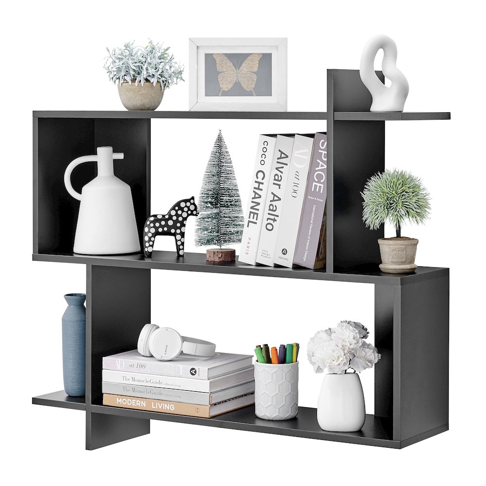 Manasa Floating Geometric Kilter Two-Tier Wall Shelf - Black. Picture 7