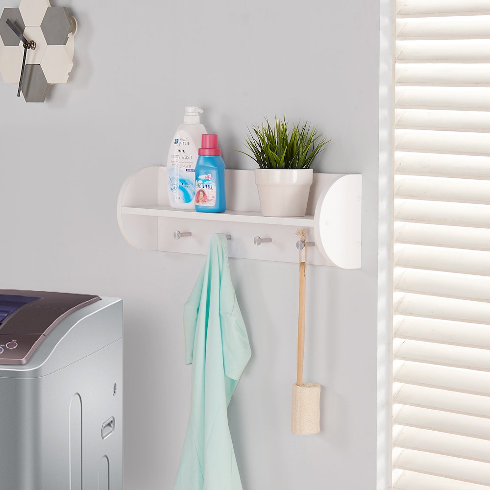 White Utility Shelf with Four Large Stainless Steel Hooks. Picture 3