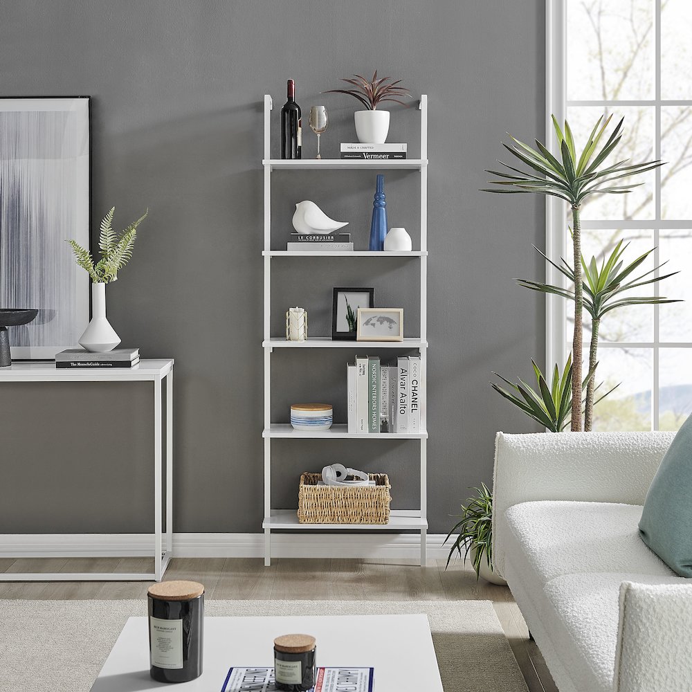 Everett 5-Tier Open Display Wall Mount Metal Frame Ladder Shelf - White/White. Picture 3