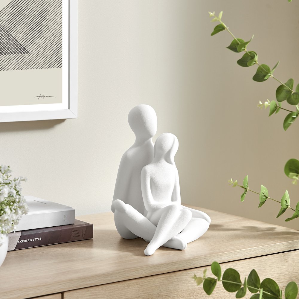 Abstract Sitting Couple Decorative Accent Matte Ceramic Sculpture Figure Set. Picture 3