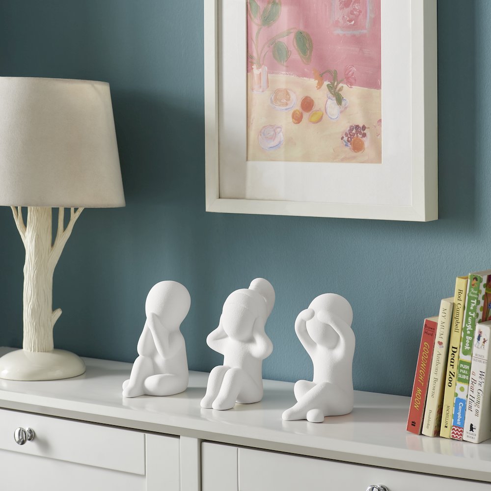 Abstract Wise Children Decorative Accent Matte Ceramic Sculpture Figure Set of 3. Picture 5