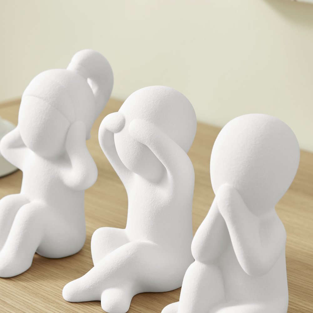 Abstract Wise Children Decorative Accent Matte Ceramic Sculpture Figure Set of 3. Picture 4