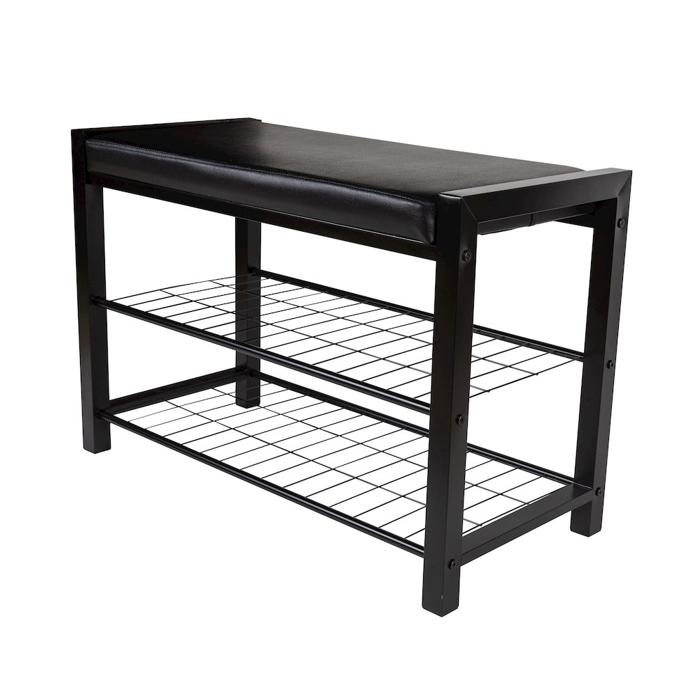 Black Leatherette Entryway Bench with Two Black Metal Shoe Racks. Picture 9