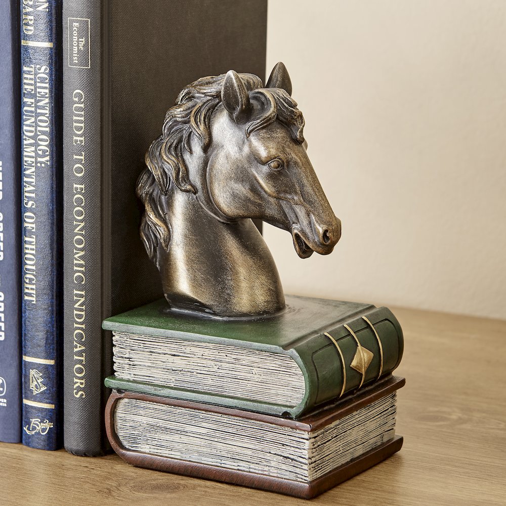 Horses on Books Polyresin Antique Patina Finish Bookend Set of 2. Picture 6