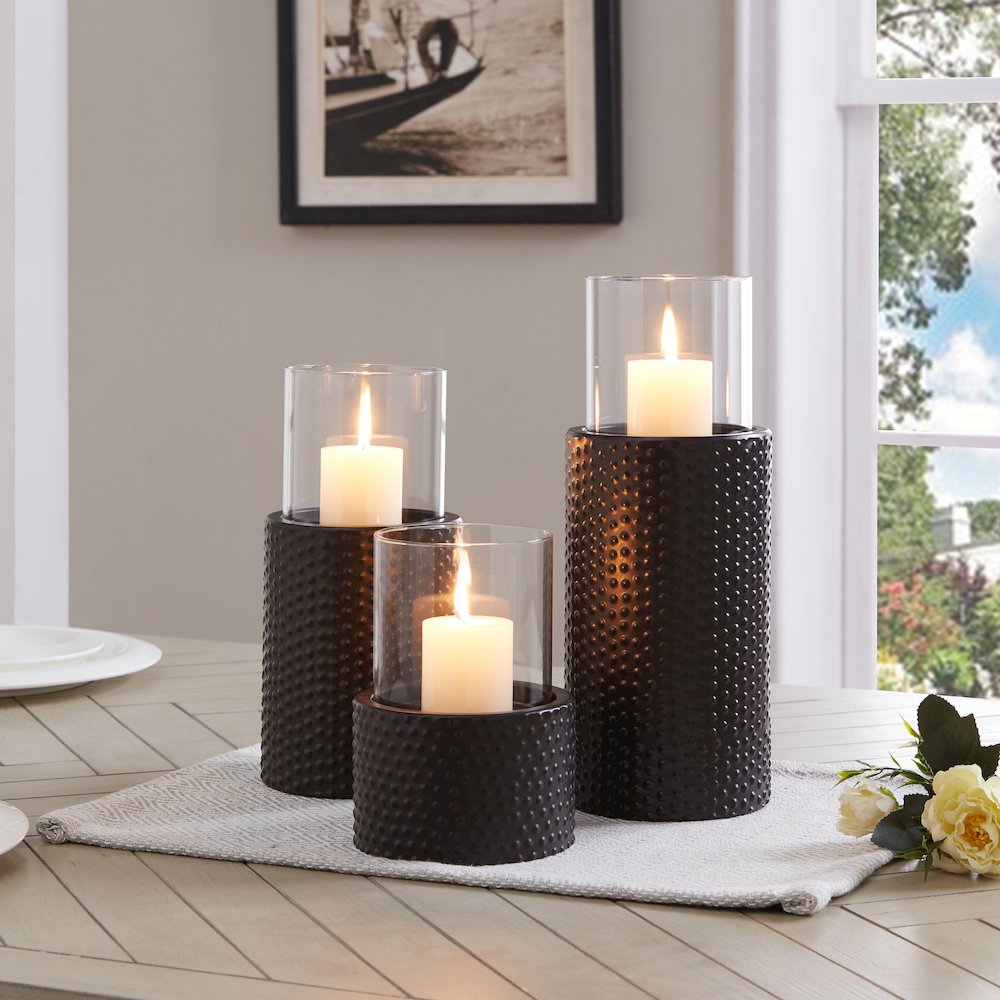 Candle Holder Set (3) With Clear Glass Hurricanes And Textured Metal Base. Picture 3