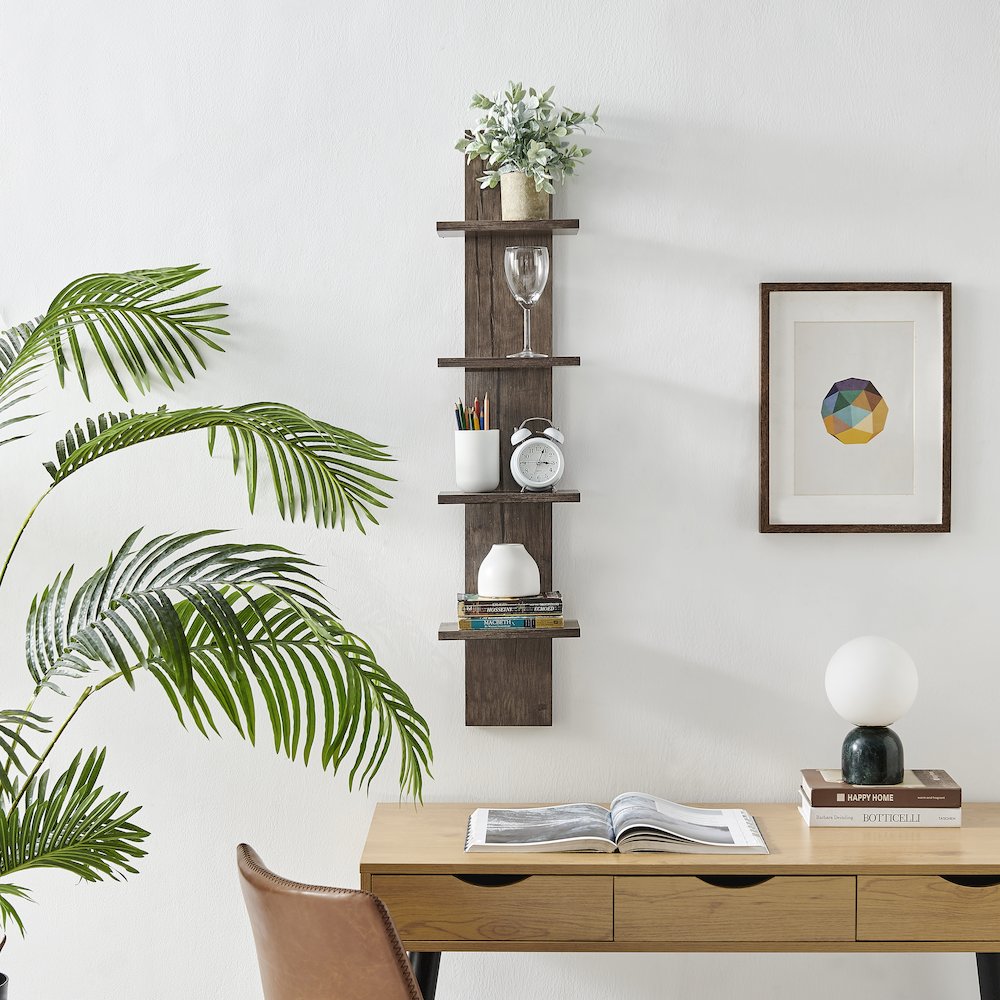 Arica Utility Column 4-Tier Spine Wall Shelves - Hickory. Picture 4
