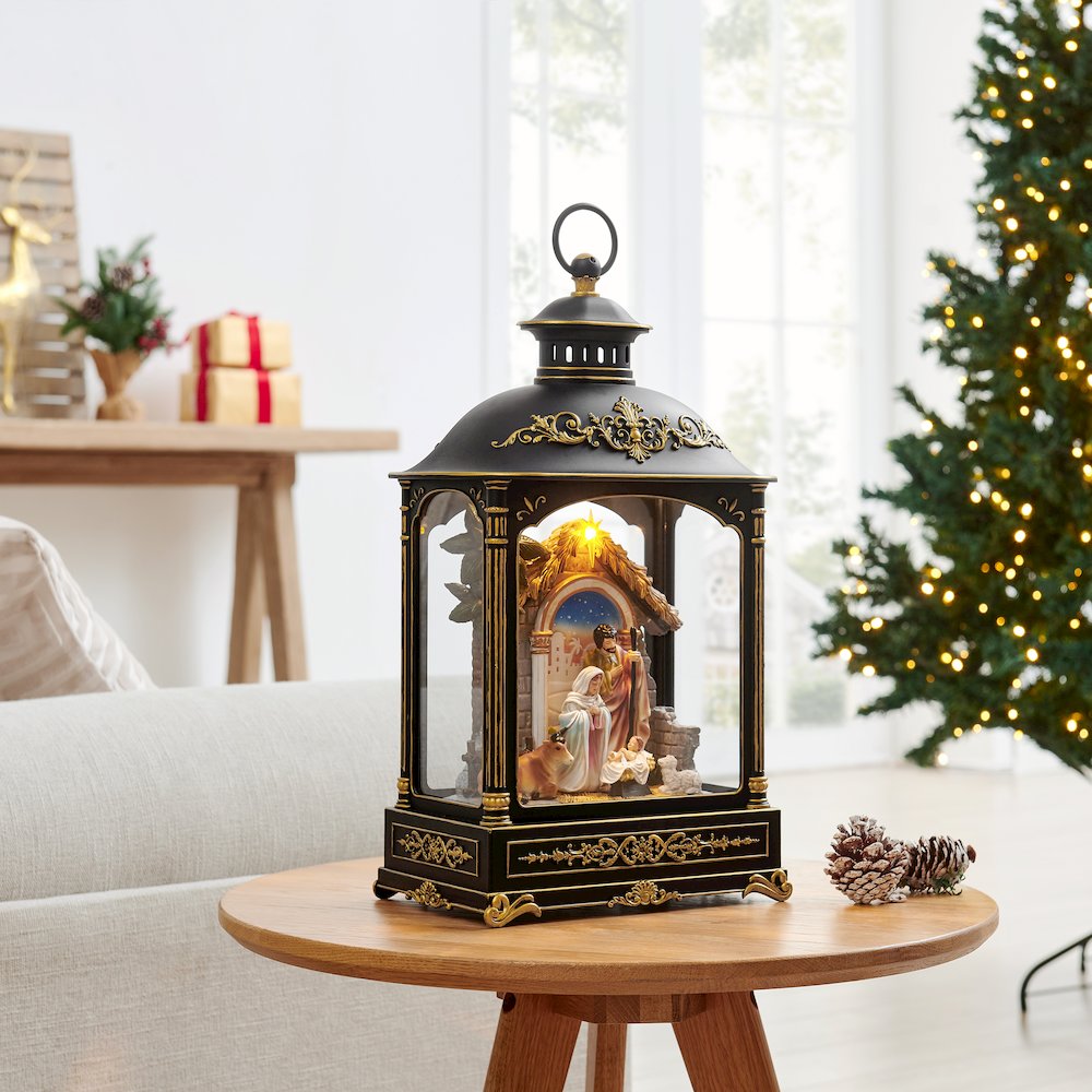 Black Gold Christmas Nativity Scene Diorama Lighted Lantern Decoration. Picture 3