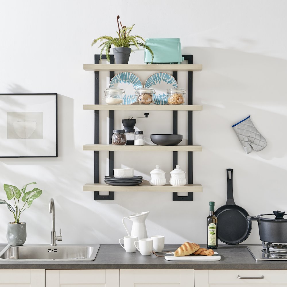 4-Tier Floating Bracket Wall Shelf - Black Metal and White Birch Finish. Picture 4
