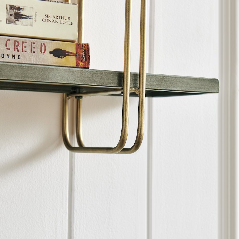 Two-Tier Warm Gold Washed Oak Brown Metal Bracket Wall Mounted Shelf. Picture 6