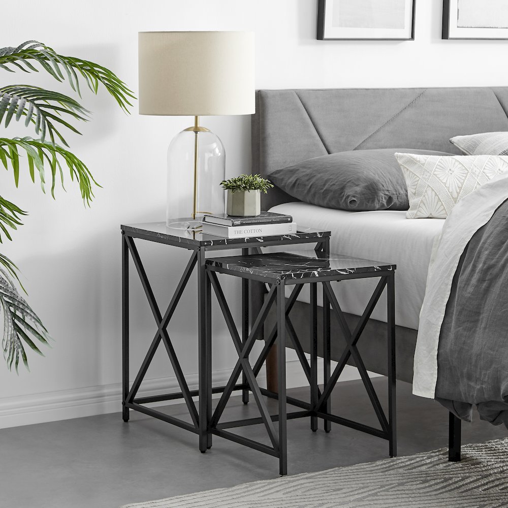 Modern Square Veneer Black Metal Frame Nesting End Tables Black Marble Set of 2. Picture 6