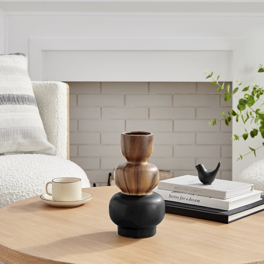 Milo Trinnet Three Tiered Two Tone Tabletop Vase - Black and Walnut - Small. Picture 2