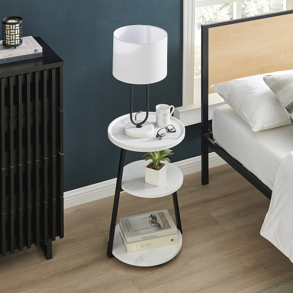 Skylar Round 3-Tier Side Accent Table with Raised Lip Edge - White Marble/Black. Picture 6