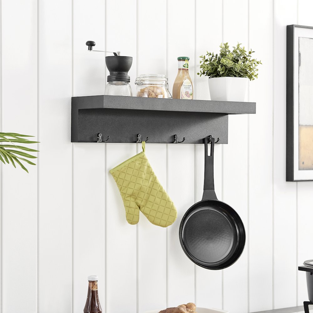 Wall Mounted Entryway Coat Rack with Decorative Ledge Shelf and Hooks - Black. Picture 5