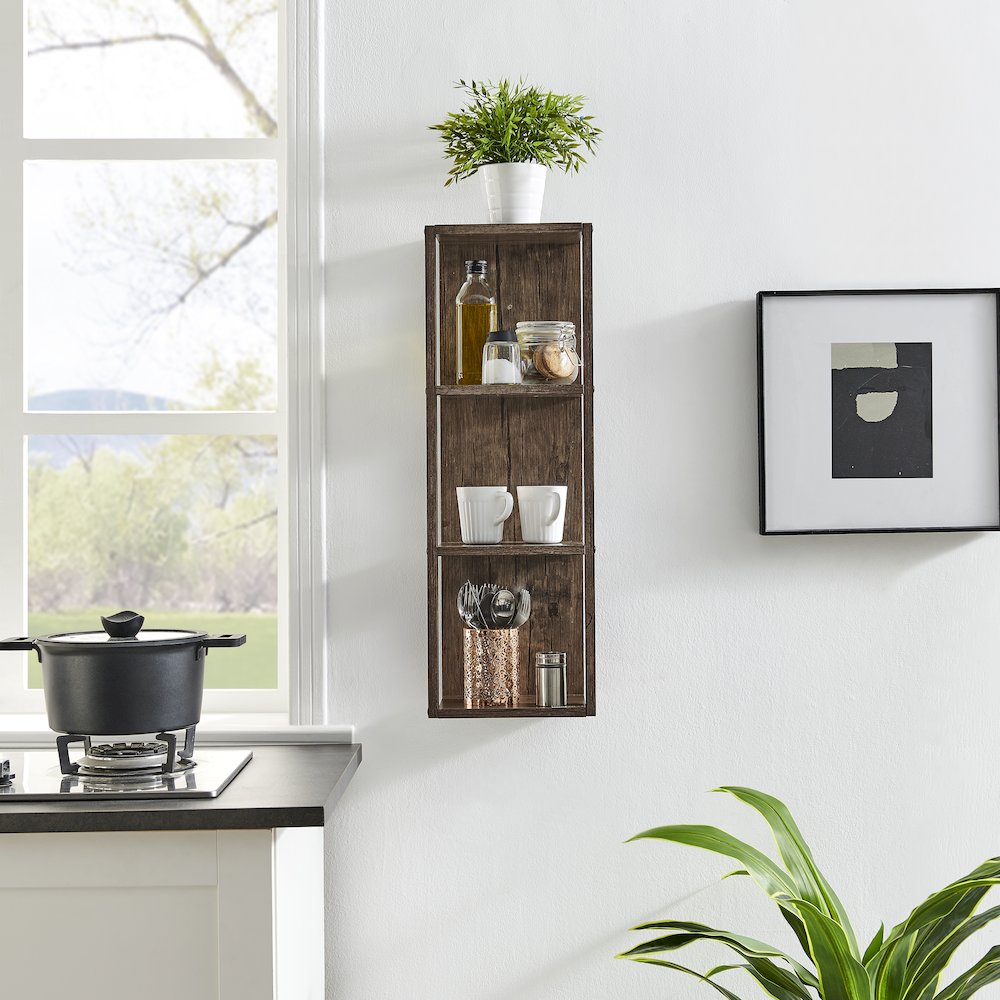 Recife Vertical Three-Tier Modern Shadow Box Cube Display Wall Shelf - Hickory. Picture 5