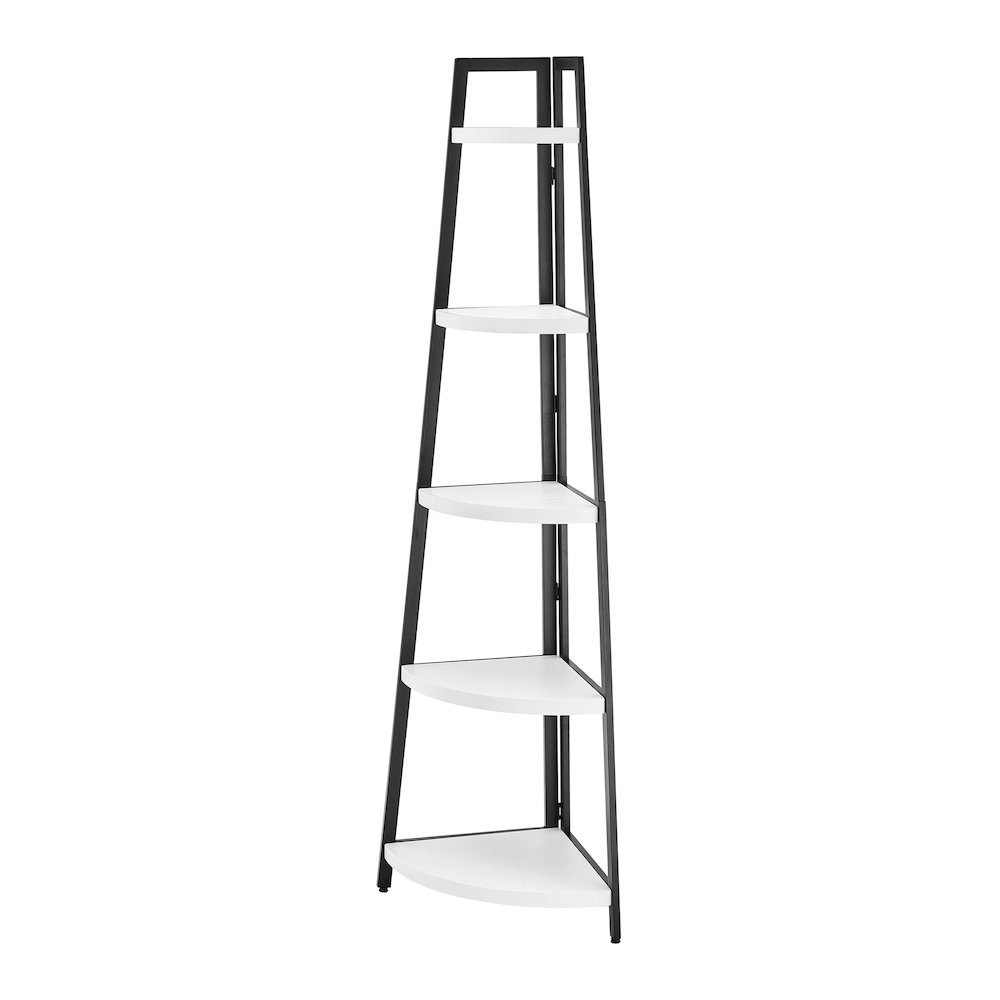 Free-Standing 5-Tier Pyramid Corner Shelf in Black Metal with White MDF Shelves. Picture 11