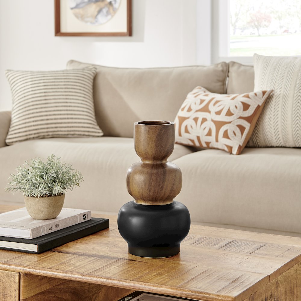 Milo Trinnet Three Tiered Two Tone Tabletop Vase - Black and Walnut - Large. Picture 2