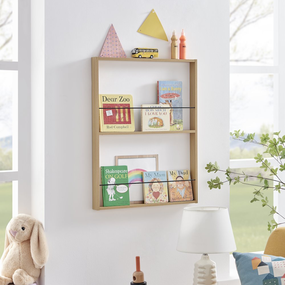 Steiner Beech Square 2-Tier Kids Book or Toy Figure Wall Bookshelf - Black Rods. Picture 3