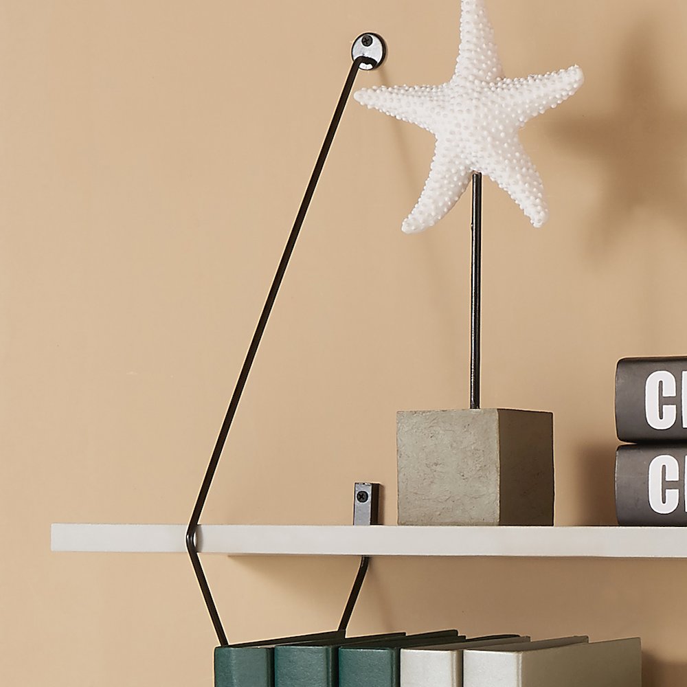 Contemporary Two Level Grey Shelving System with Black Wire Brackets. Picture 3