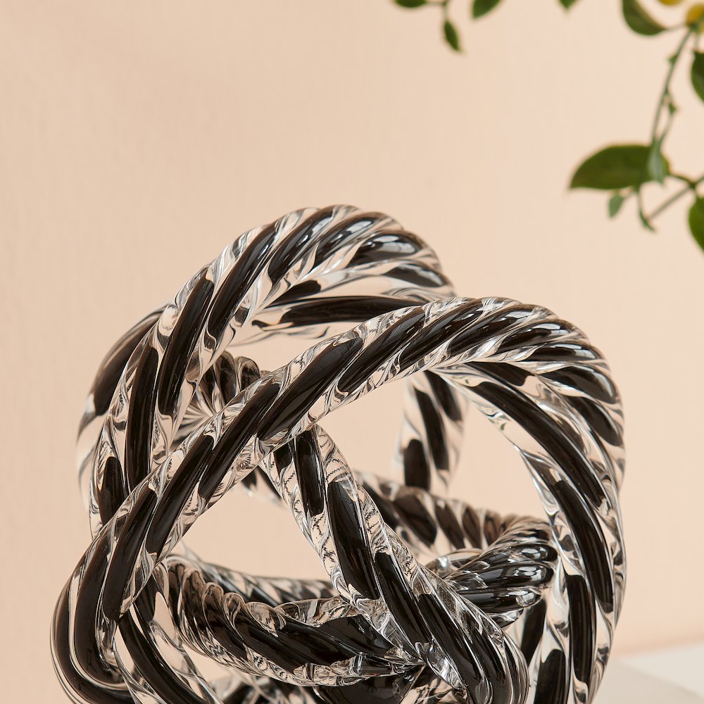 Nox Modern Glass Knot Loop Abstract Tabletop Sculpture - Textured Black Rope. Picture 5
